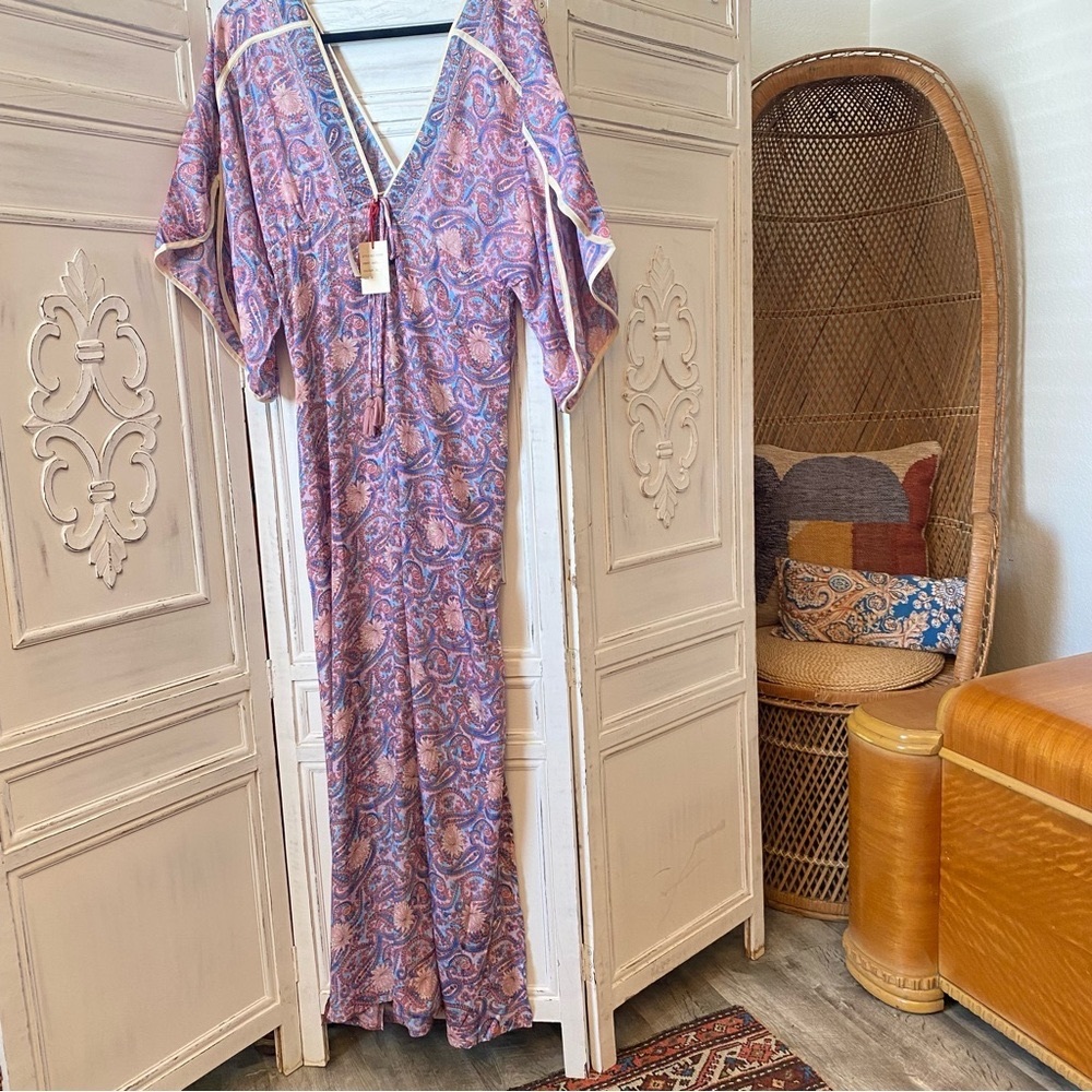 NWT Raga Anthropologie Baran Paisley Print Maxi Dress Tassels Flowy Lavender M